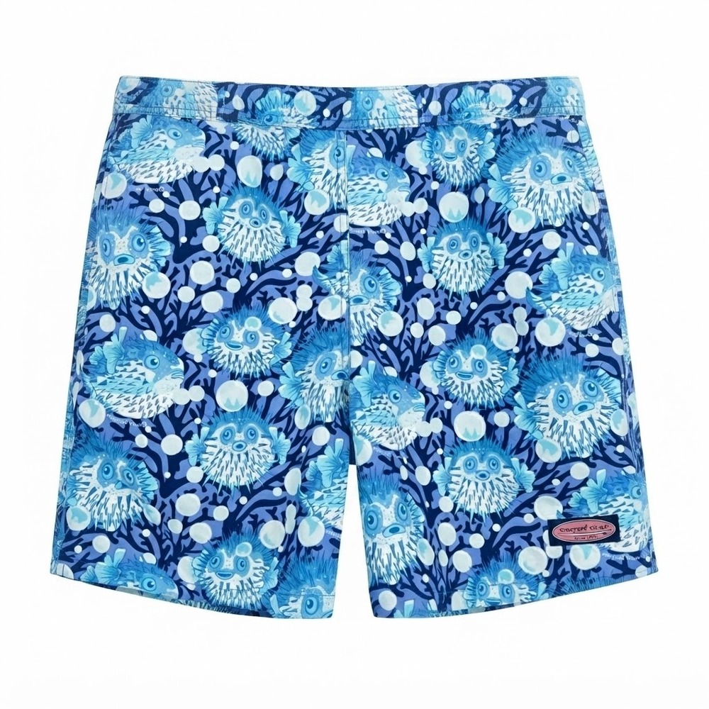 Vineyard Vines Mens Medium Blue Puffer Fish Print Swim Trunks Board Shorts - CJ